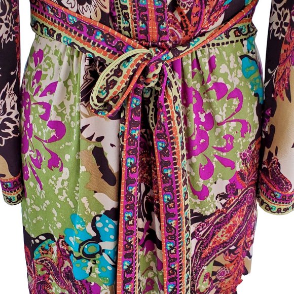 Floral Boho Dress Women's S Knit Stretch V Neck Tie Long Sleeve Brown & Purple - Picture 11 of 13